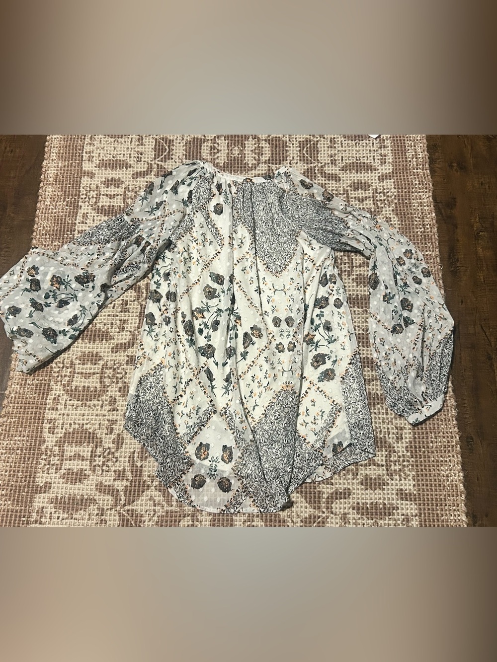 Boho Floral Ivory Mini Dress with Tassel V-Neck - Picture 5 of 6
